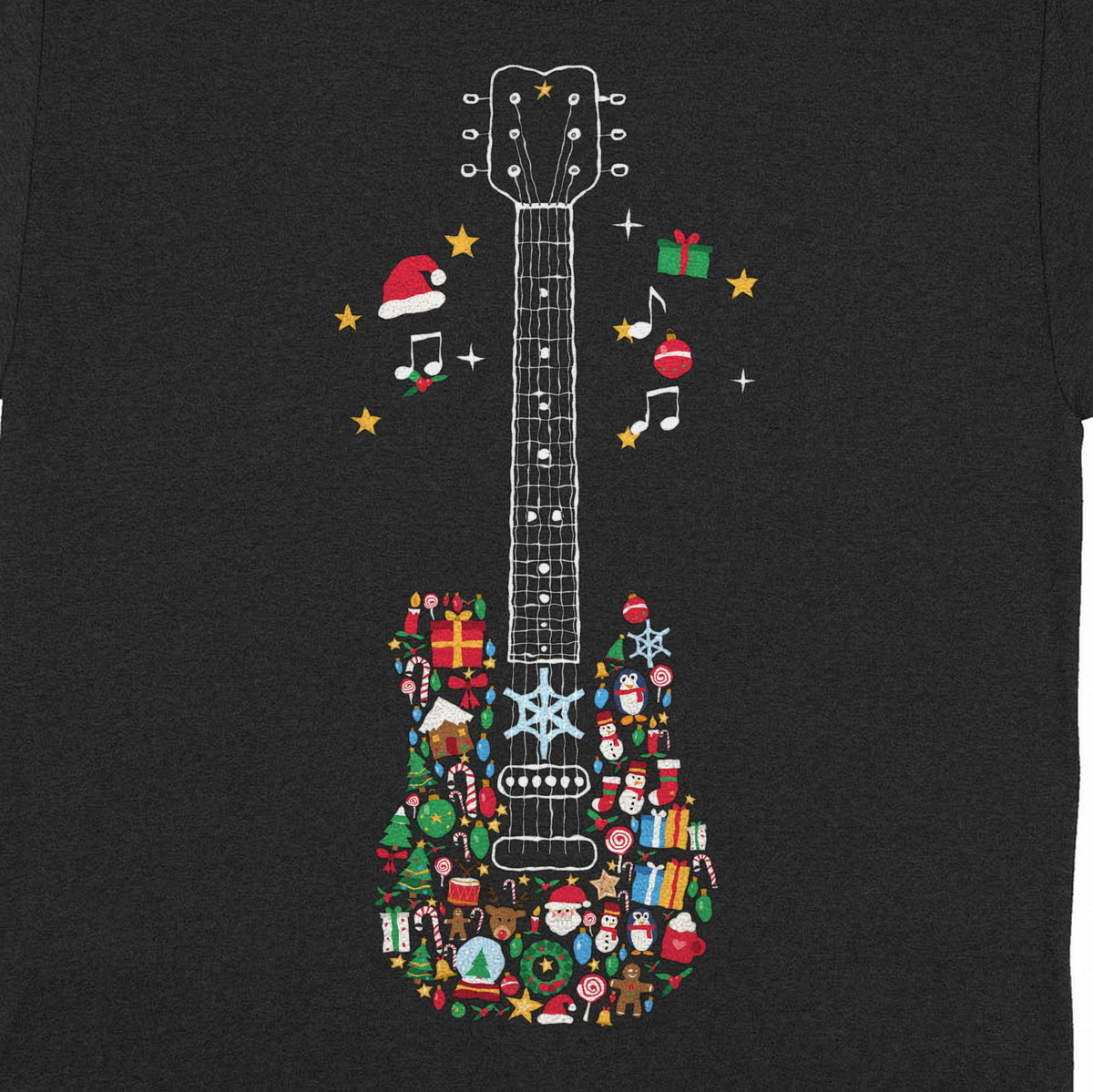 Christmas Icons Guitar Personalized Shirt – Merry Christmas Music Gift - close-up of the print on the black shirt