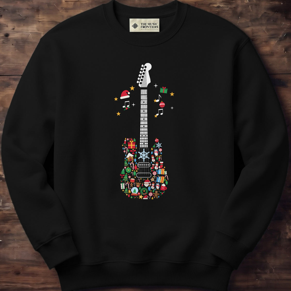 Black sweatshirt with the personalized Christmas Icons Guitar design