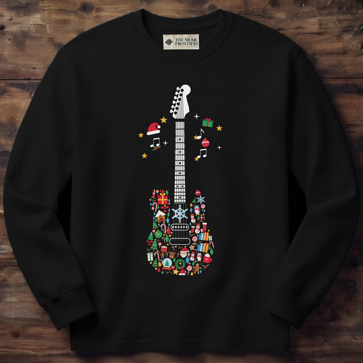 Black long sleeve shirt with the personalized Christmas Icons Guitar design