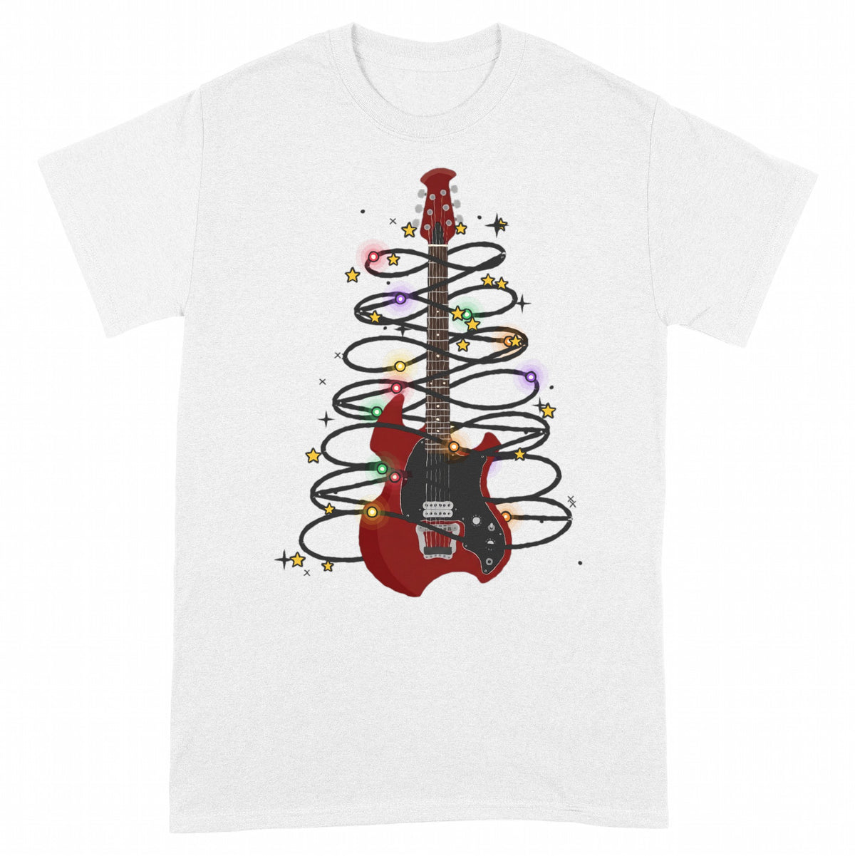 Christmas Lights Guitar Personalized Shirt – Your Guitar Wrapped in Holiday Lights - White classic tee, front