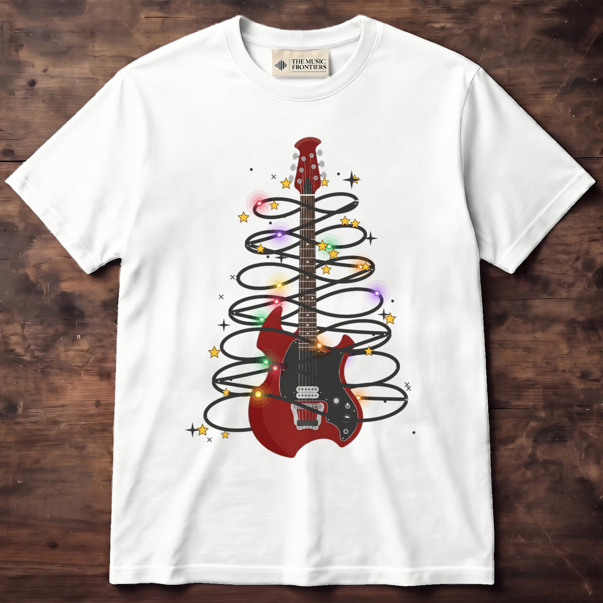 White t-shirt with the personalized Christmas Lights Guitar design