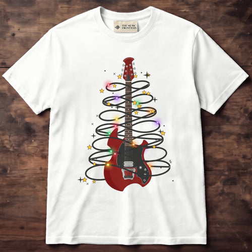 White t-shirt with the personalized Christmas Lights Guitar design