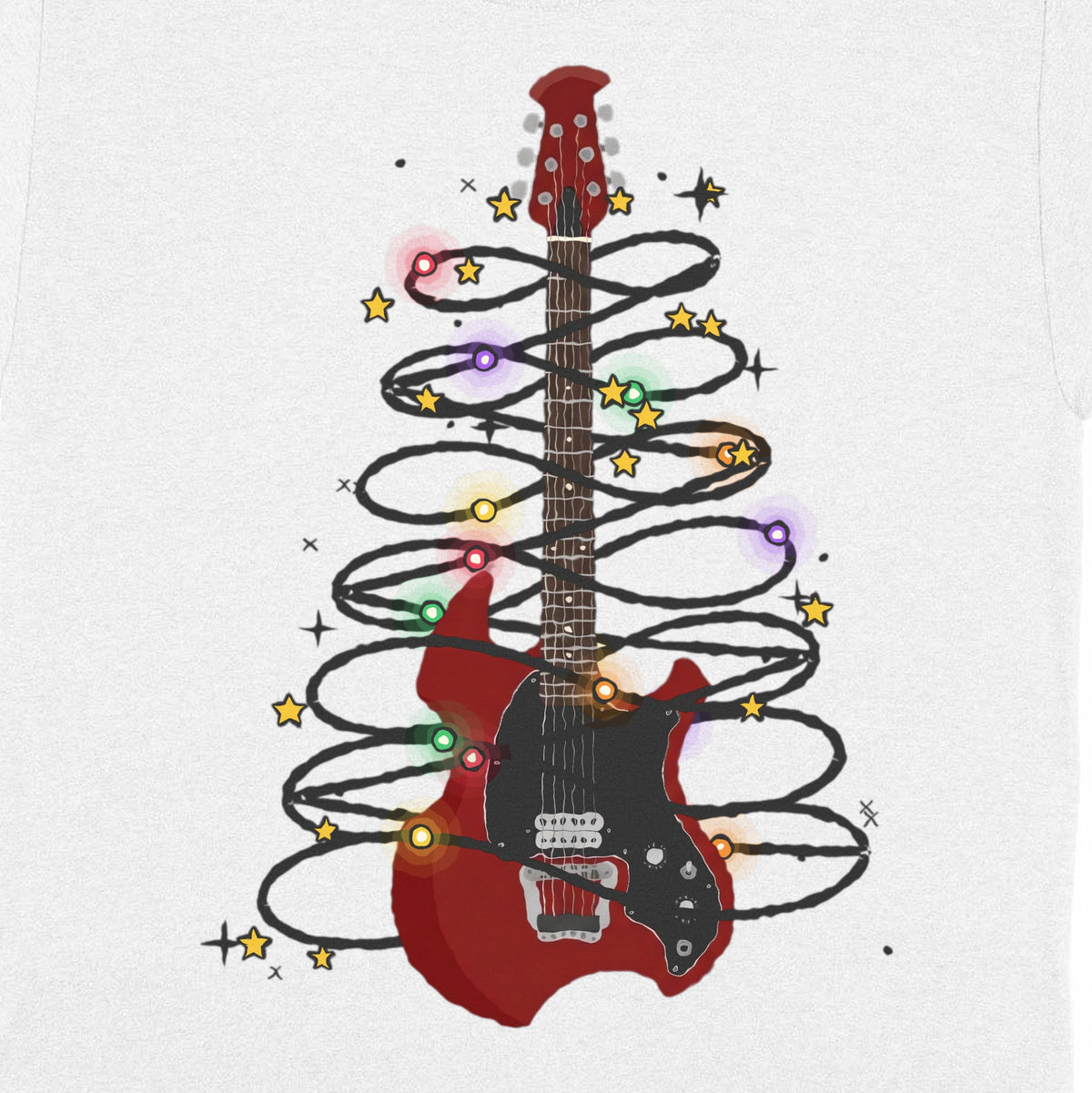 Christmas Lights Guitar Personalized Shirt – Your Guitar Wrapped in Holiday Lights - close-up of the print on the white shirt
