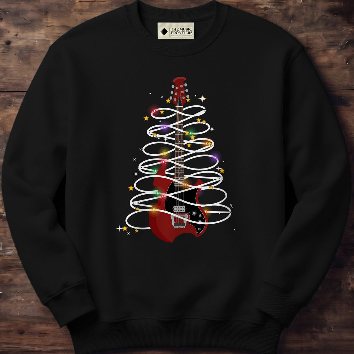 Black sweatshirt with the personalized Christmas Lights Guitar design