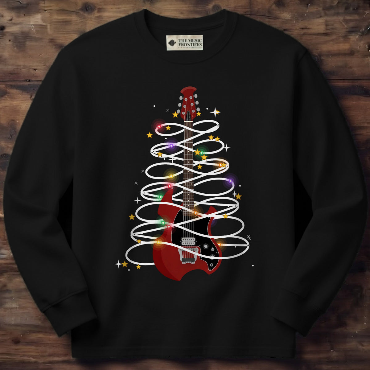 Black long sleeve shirt with the personalized Christmas Lights Guitar design