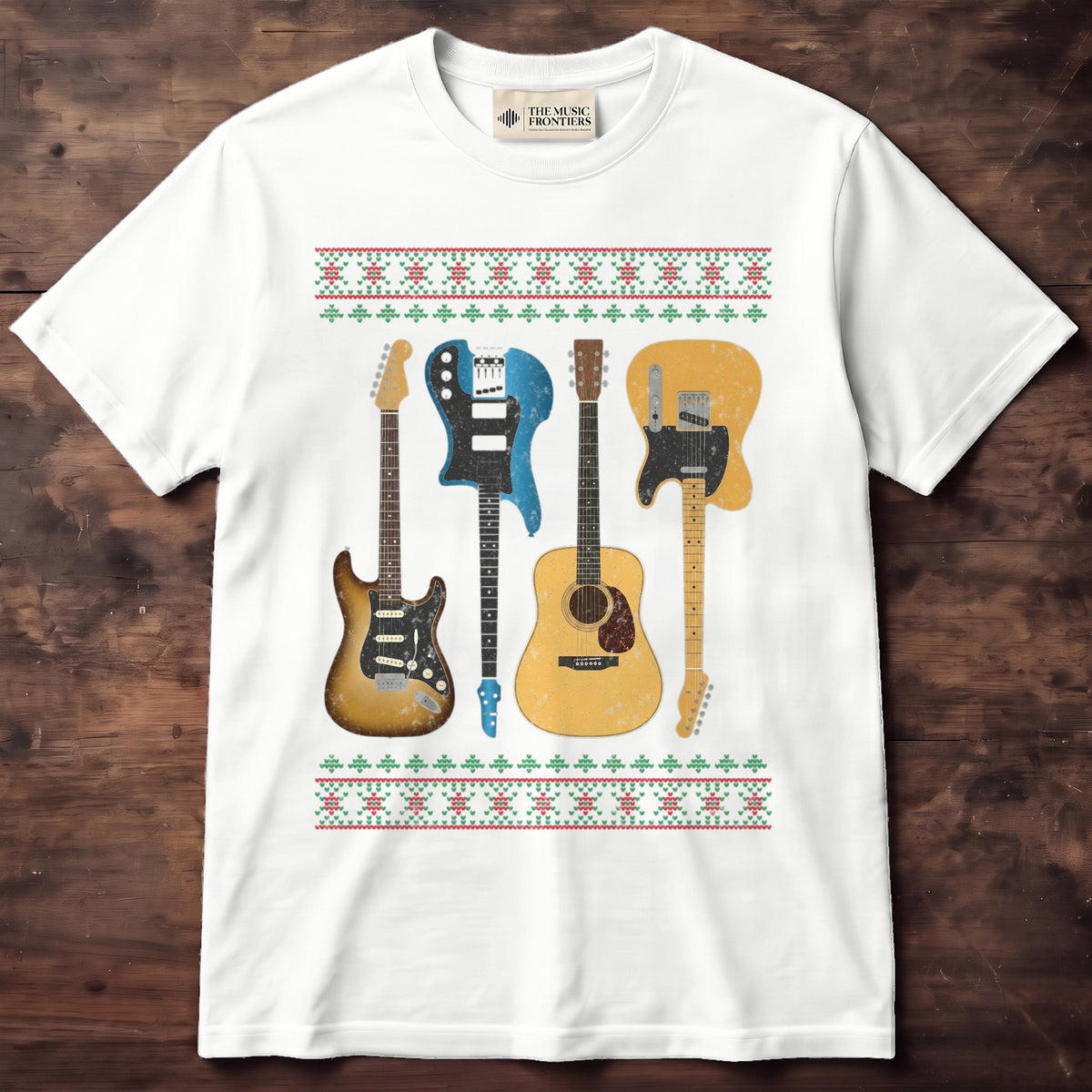 White t-shirt with the personalized Ugly Christmas Sweater Guitars design