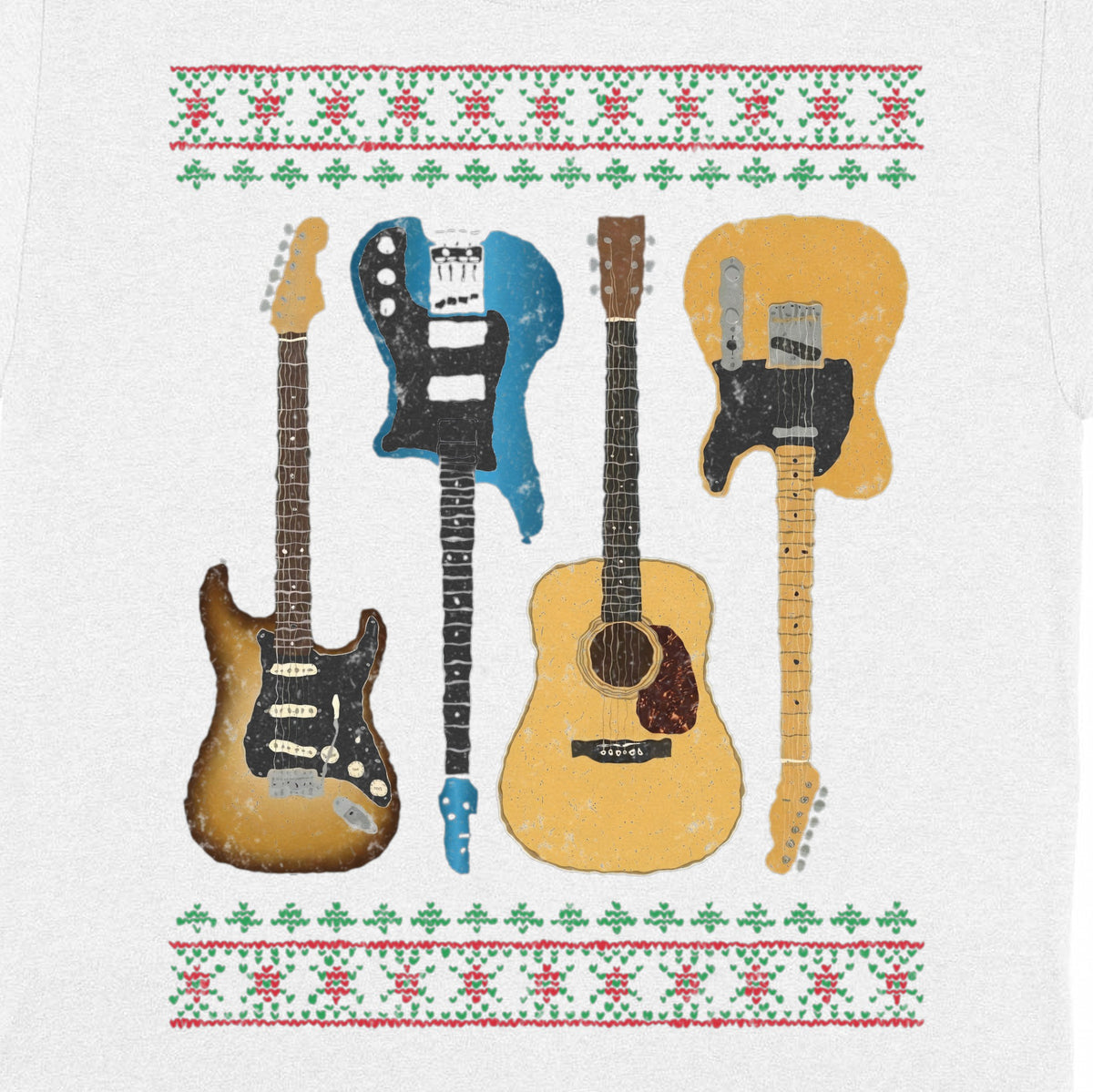 Ugly Christmas Sweater Guitars Personalized Shirt – Pick Your 4 Guitars - close-up of the print on the white shirt