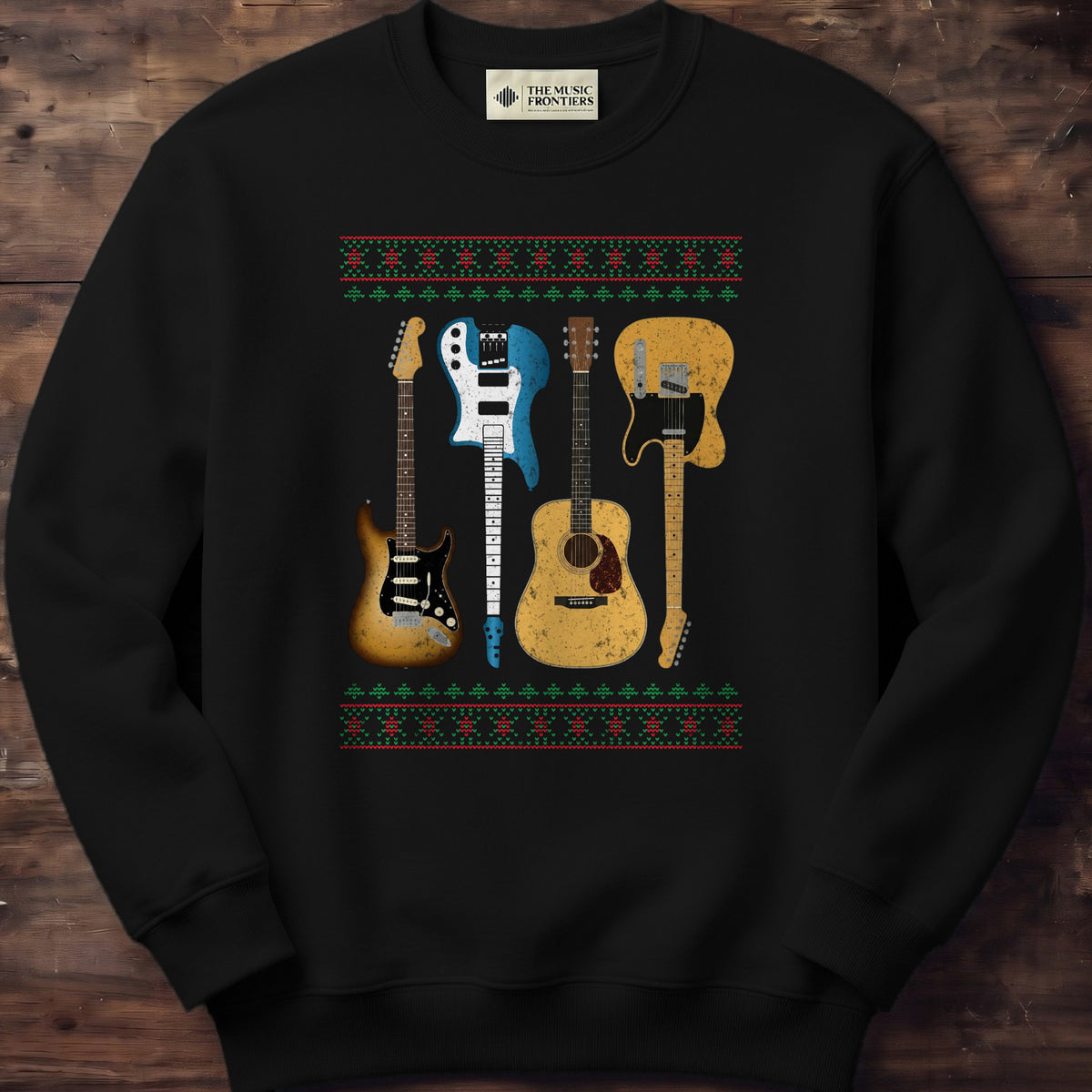 Black sweatshirt with the personalized Ugly Christmas Sweater Guitars design