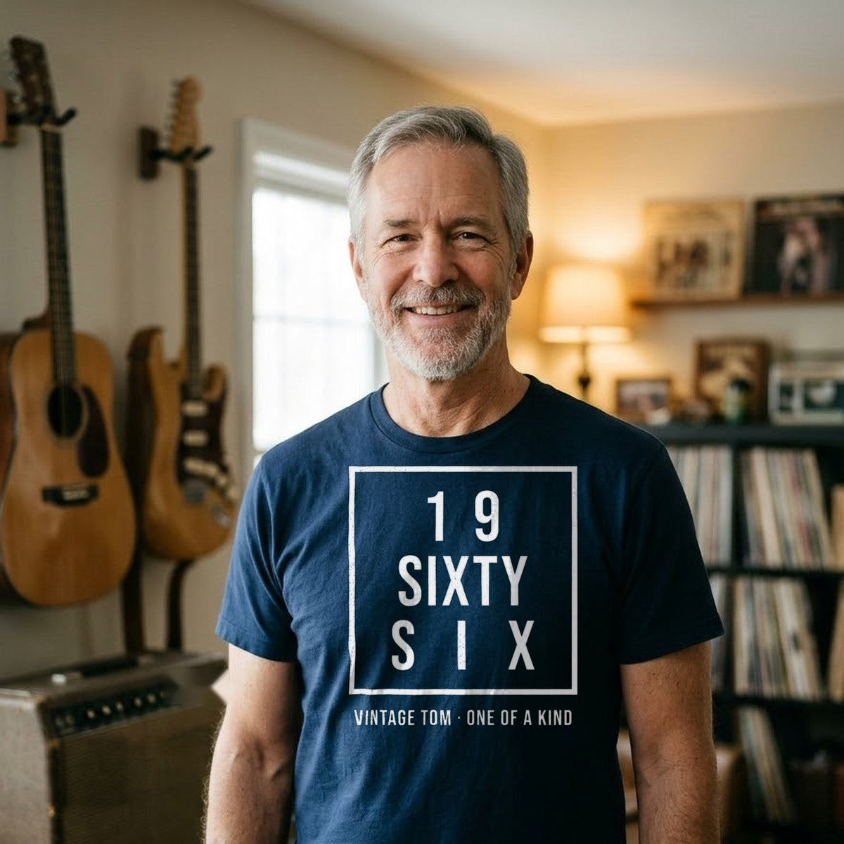 Vintage Birth Year in Words Personalized Shirt with Name - man wearing the navy T-shirt