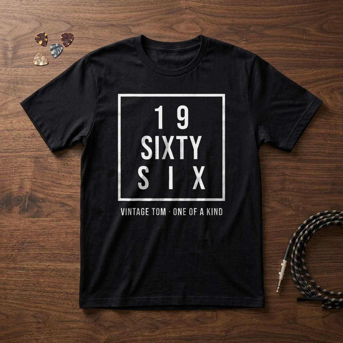 Vintage Birth Year in Words Personalized Shirt with Name - black T-shirt flat lay
