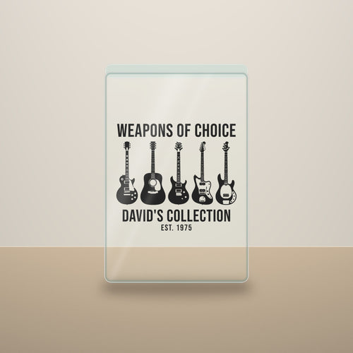 Custom clear acrylic plaque 4.8 x 7 in with a personalized guitar collection design, standing on a desk