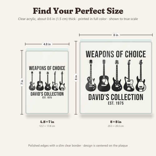 Acrylic plaque size guide: 4.8 x 7 and 8 x 8 inch plaques shown to scale, about 0.6 inch thick