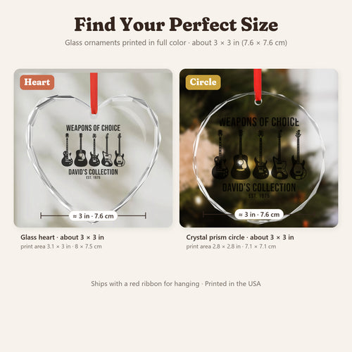 Ornament size guide: glass heart and crystal circle, about 3 x 3 inches
